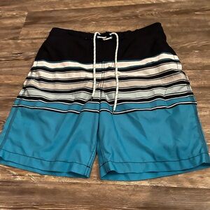 Blue and Black Striped Men's Swim Shorts, M